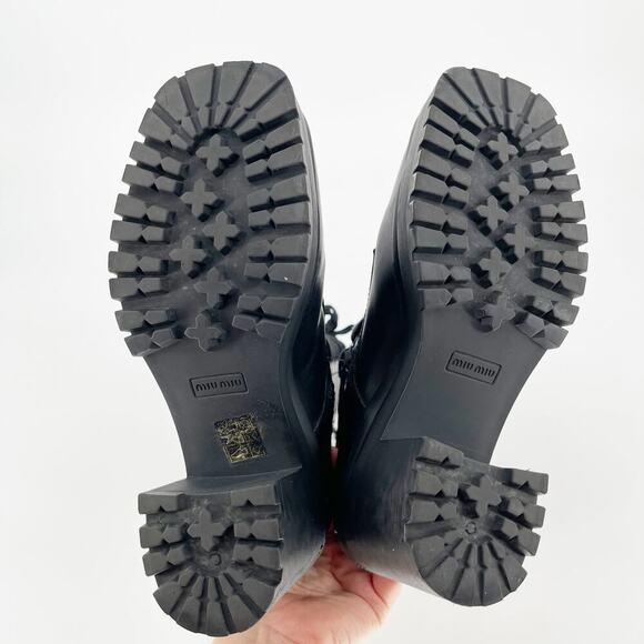 Miu Miu Black Military Combat Square Toe Chunky Block Heel Lug Sole Boot IT 37.5 - Picture 12 of 13